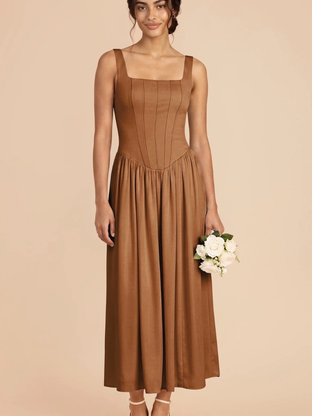 Wayf Brown Square-Neck Midi Dress